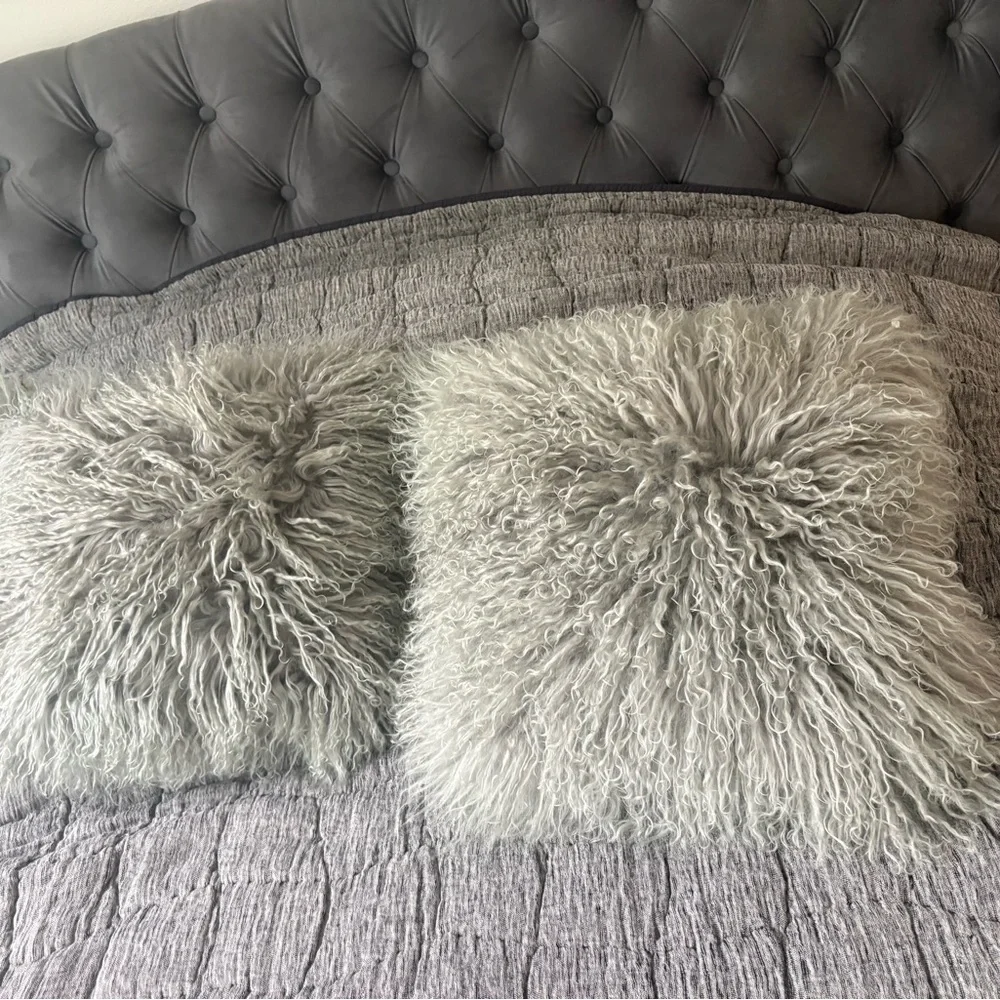 West Elm Gray Mongolian Lamb Throw Pillows